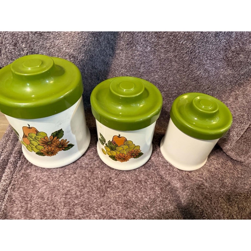 Vintage MCM 70's 3pc Canister Set Fruit Atapco Made In USA Nesting Read Descript
